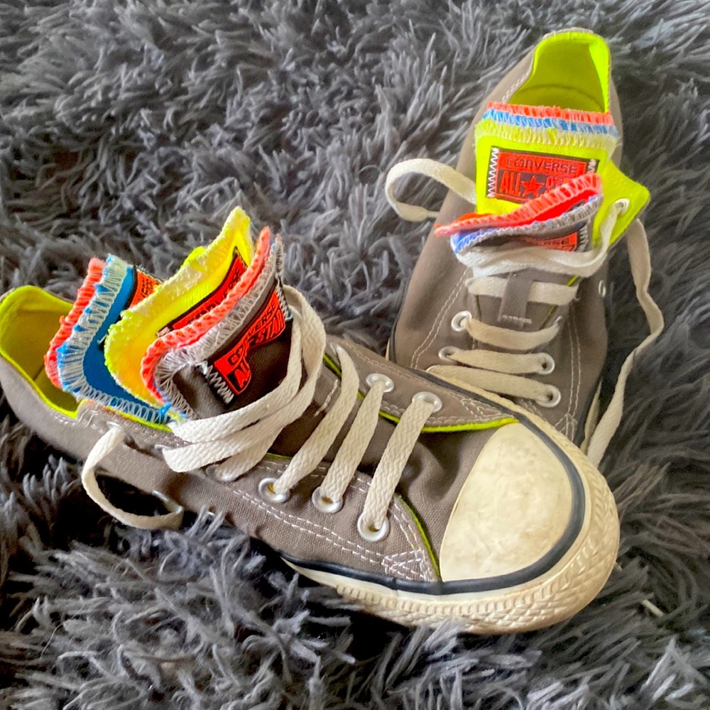 Grey Converse with multi colored Tongues